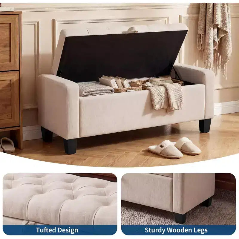 Banc de rangement ottoman de 129 cm avec charnière de sécurité à fermeture lente, banc rembourré capitonné pour chambre et salon, capacité de poids de 303 kg, 113 litres