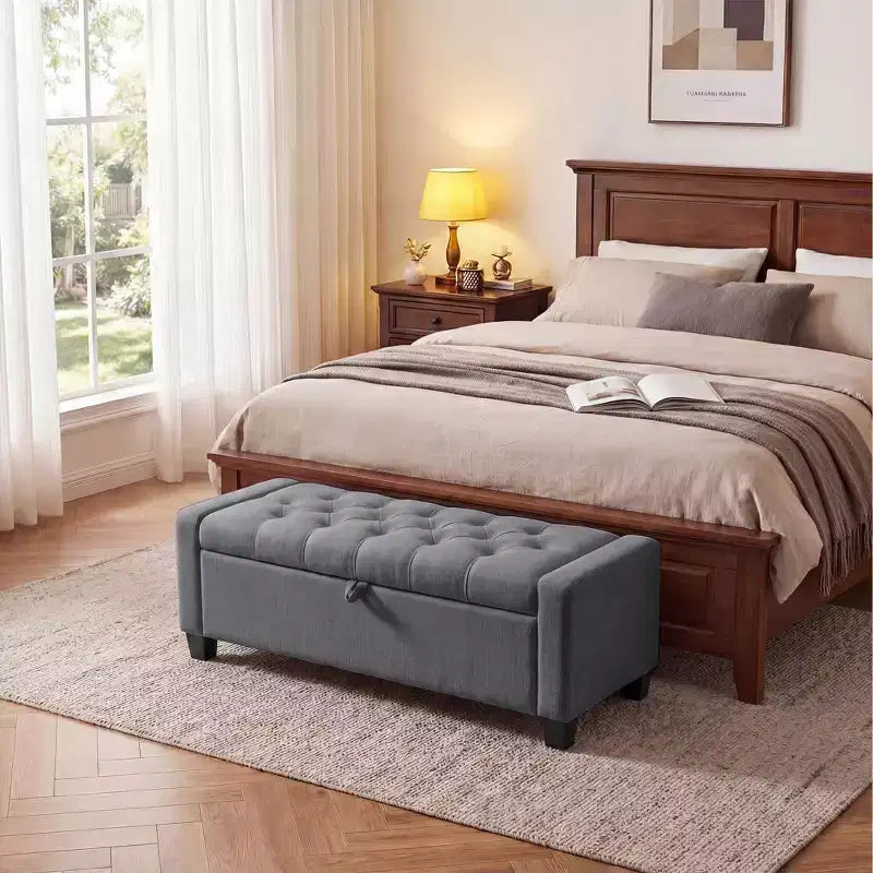 Banc de rangement ottoman de 129 cm avec charnière de sécurité à fermeture lente, banc rembourré capitonné pour chambre et salon, capacité de poids de 303 kg, 113 litres
