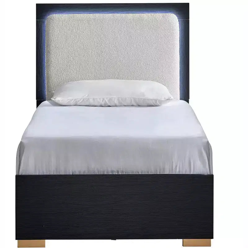 Passion Furniture Steeler Black and Gold Wood Frame Twin Panel Bed with LED Lighted Headboard
