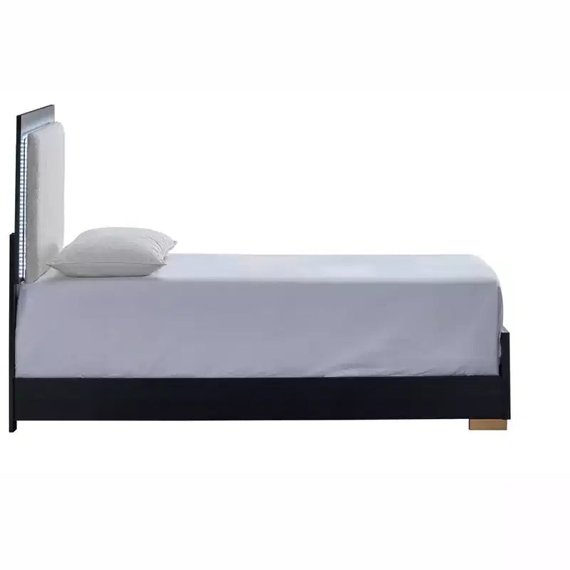 Lit double à panneau Passion Furniture Steeler noir et or avec cadre en bois et tête de lit éclairée par LED