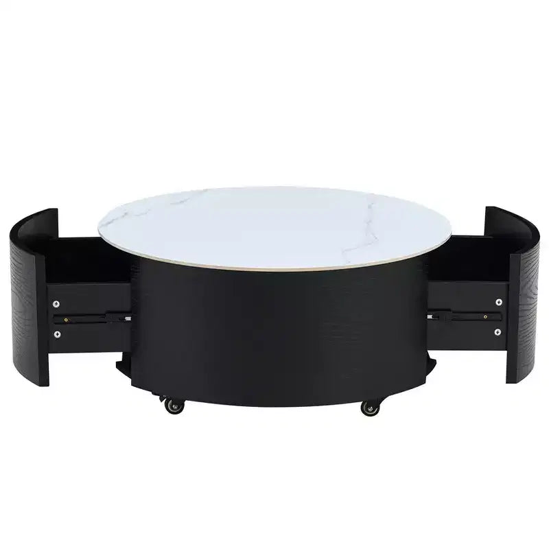 Table basse ronde moderne Whisen avec plateau en pierre frittée, 2 tiroirs et roulettes