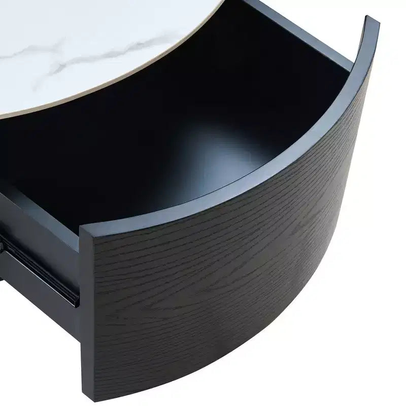 Table basse ronde moderne Whisen avec plateau en pierre frittée, 2 tiroirs et roulettes