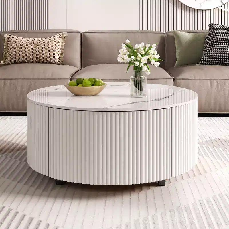 Table basse ronde moderne Whisen avec plateau en pierre frittée, 2 tiroirs et roulettes
