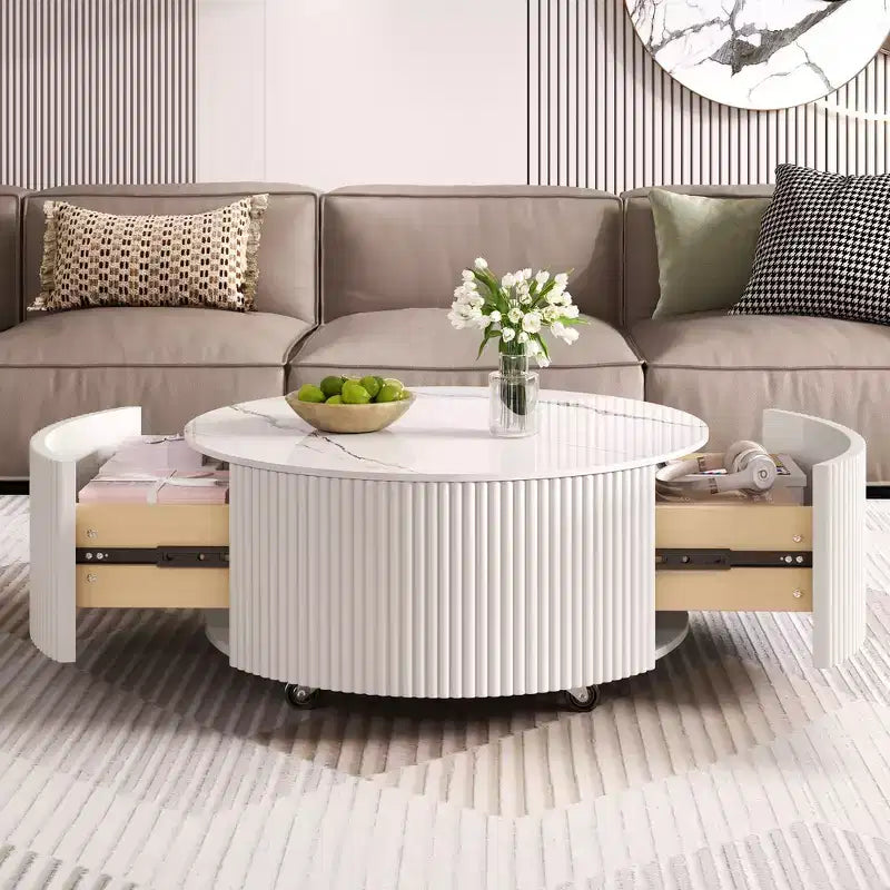 Table basse ronde moderne Whisen avec plateau en pierre frittée, 2 tiroirs et roulettes