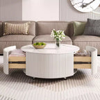 Table basse ronde moderne Whisen avec plateau en pierre frittée, 2 tiroirs et roulettes