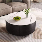 Table basse ronde moderne Whisen avec plateau en pierre frittée, 2 tiroirs et roulettes