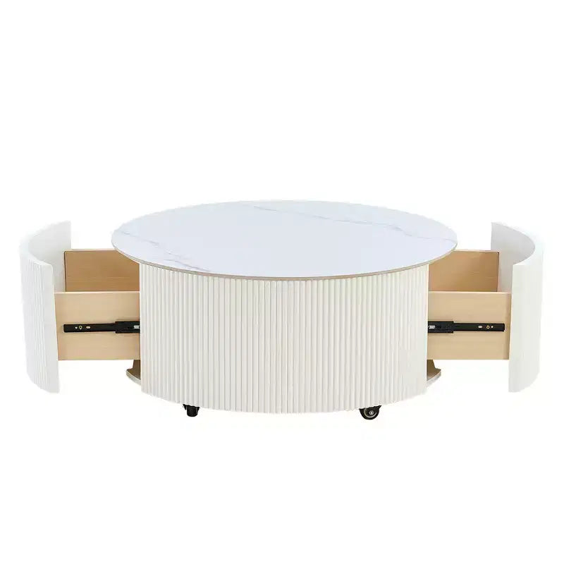 Table basse ronde moderne Whisen avec plateau en pierre frittée, 2 tiroirs et roulettes
