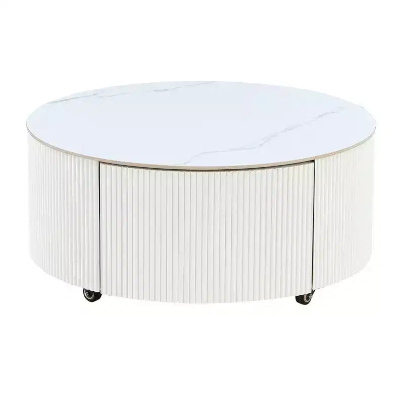 Table basse ronde moderne Whisen avec plateau en pierre frittée, 2 tiroirs et roulettes