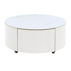 Table basse ronde moderne Whisen avec plateau en pierre frittée, 2 tiroirs et roulettes