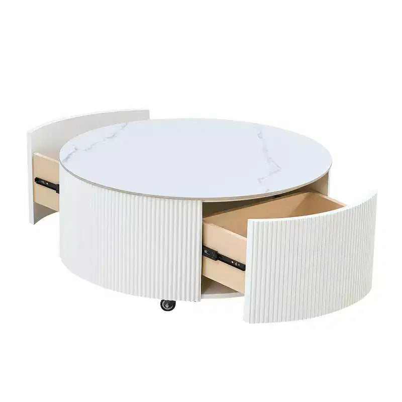 Table basse ronde moderne Whisen avec plateau en pierre frittée, 2 tiroirs et roulettes
