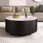 Table basse ronde moderne Whisen avec plateau en pierre frittée, 2 tiroirs et roulettes