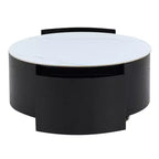 Table basse ronde moderne Whisen avec plateau en pierre frittée, 2 tiroirs et roulettes