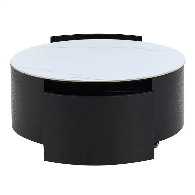 Table basse ronde moderne Whisen avec plateau en pierre frittée, 2 tiroirs et roulettes