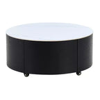 Table basse ronde moderne Whisen avec plateau en pierre frittée, 2 tiroirs et roulettes