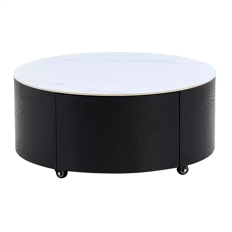 Table basse ronde moderne Whisen avec plateau en pierre frittée, 2 tiroirs et roulettes