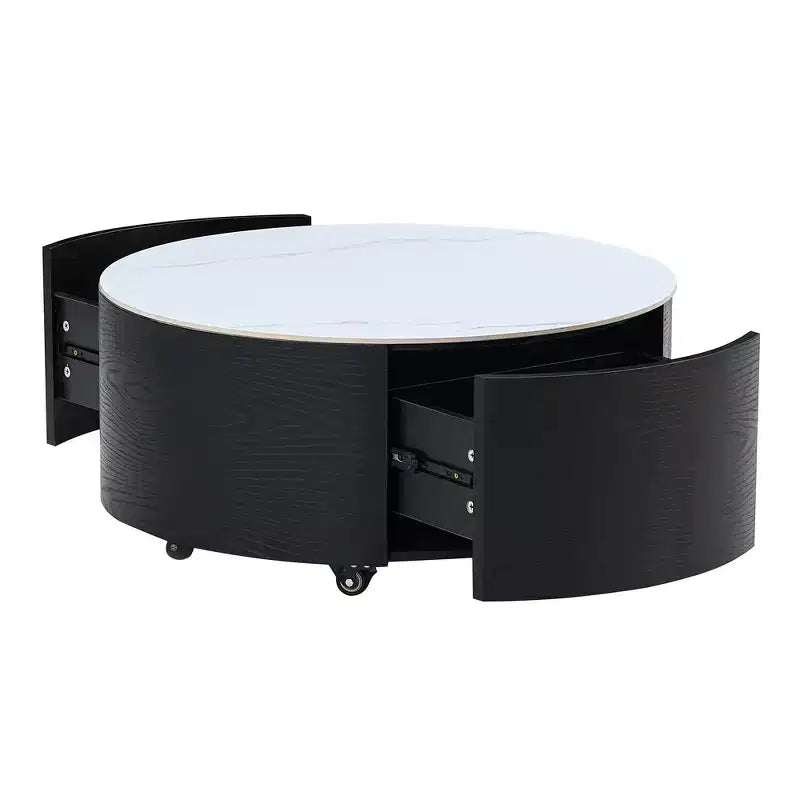 Table basse ronde moderne Whisen avec plateau en pierre frittée, 2 tiroirs et roulettes