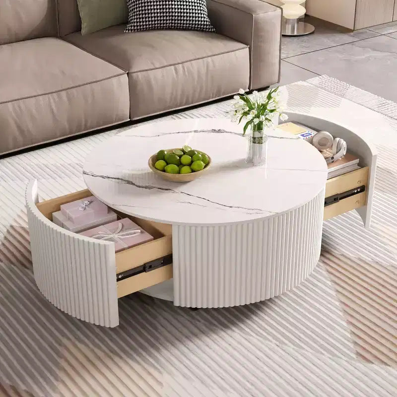 Table basse ronde moderne Whisen avec plateau en pierre frittée, 2 tiroirs et roulettes