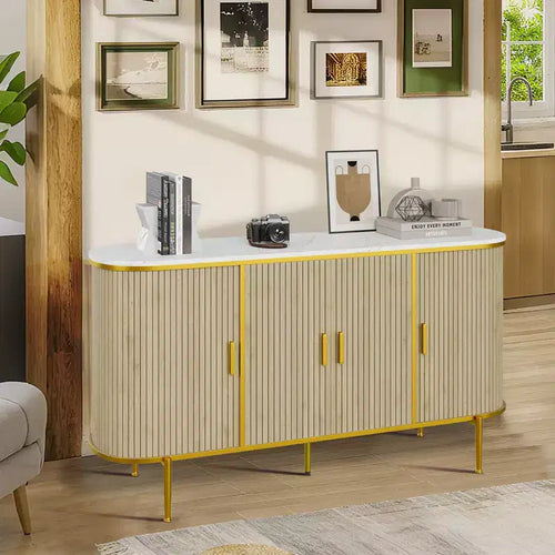 59 Mid Century Modern Fluted Console Cabinet, Sideboard Buffet Cabinet with Metal Legs & Ample Storage, Ideal for Dining Room, Living Room