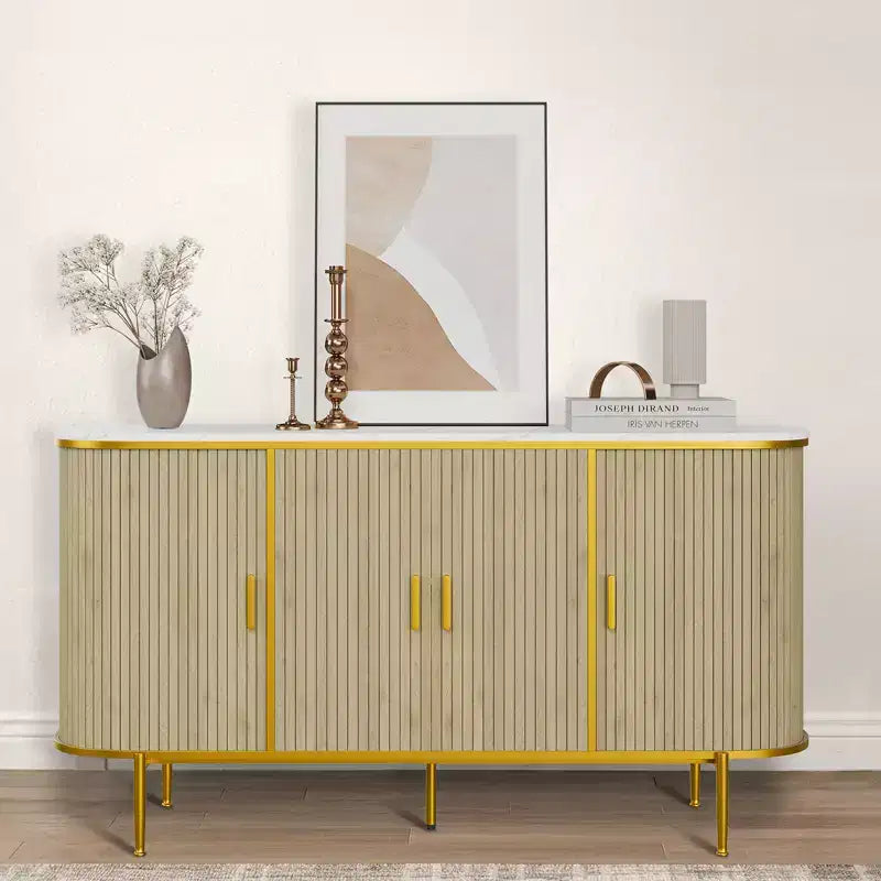 59 Meuble console cannelé moderne du milieu du siècle, buffet avec pieds en métal et grand espace de rangement, idéal pour la salle à manger, le salon