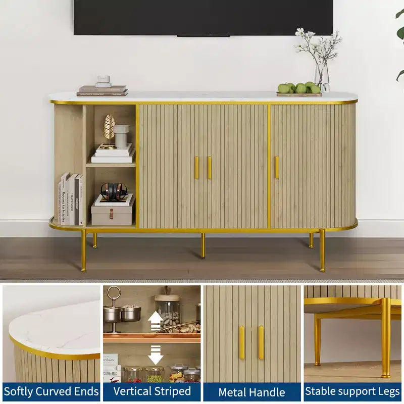 59 Meuble console cannelé moderne du milieu du siècle, buffet avec pieds en métal et grand espace de rangement, idéal pour la salle à manger, le salon
