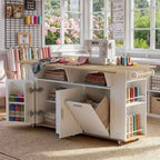 Famapy 63 Grande Station de Travail de Couture avec Roues Verrouillables, Extensions Abattantes, Table d'Artisanat en Chêne Blanc pour la Couture, le Quilting et les Arts Textiles