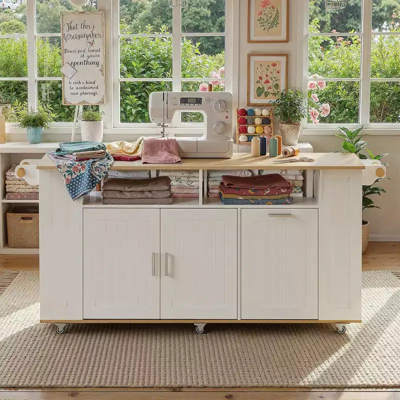 Famapy 63 Grande Station de Travail de Couture avec Roues Verrouillables, Extensions Abattantes, Table d'Artisanat en Chêne Blanc pour la Couture, le Quilting et les Arts Textiles