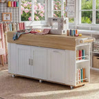 Famapy 63 Grande Station de Travail de Couture avec Roues Verrouillables, Extensions Abattantes, Table d'Artisanat en Chêne Blanc pour la Couture, le Quilting et les Arts Textiles