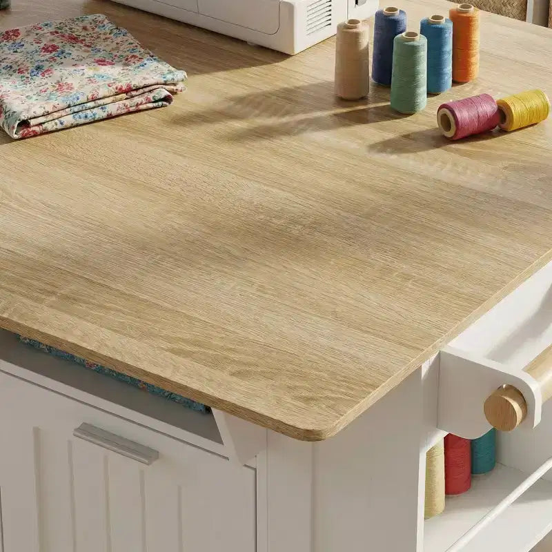 Famapy 63 Grande Station de Travail de Couture avec Roues Verrouillables, Extensions Abattantes, Table d'Artisanat en Chêne Blanc pour la Couture, le Quilting et les Arts Textiles