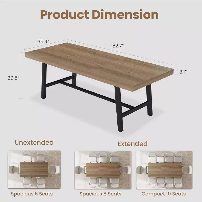 Table à manger industrielle extensible 63-83 po pour 6-8 personnes - Table de cuisine extensible avec cadre en métal robuste pour salle à manger, cuisine et fêtes