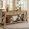 Lantine 70.87-inch Brown Farmhouse Console Table with 3 Storage Drawers and Bottom Shelf, ideal for Living Room, Entryway, Hallway, Foyer.
