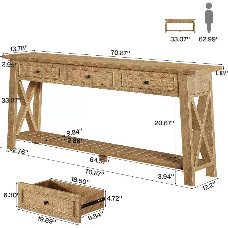Table console rustique Lantine de 179,9 cm de couleur marron avec 3 tiroirs de rangement et une étagère inférieure, idéale pour le salon, l'entrée, le couloir, le vestibule.