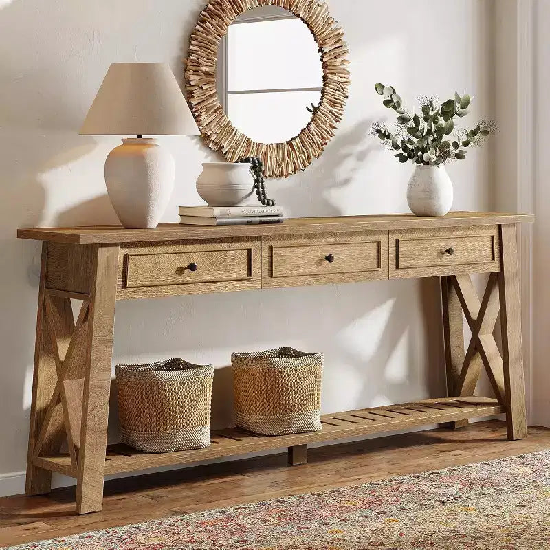 Table console rustique Lantine de 179,9 cm de couleur marron avec 3 tiroirs de rangement et une étagère inférieure, idéale pour le salon, l'entrée, le couloir, le vestibule.