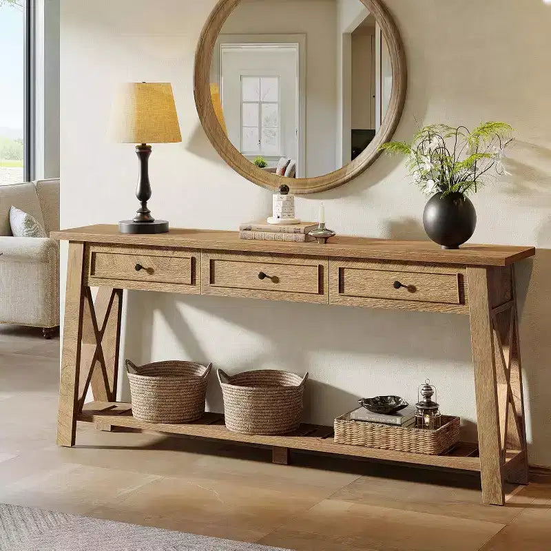 Table console rustique Lantine de 179,9 cm de couleur marron avec 3 tiroirs de rangement et une étagère inférieure, idéale pour le salon, l'entrée, le couloir, le vestibule.