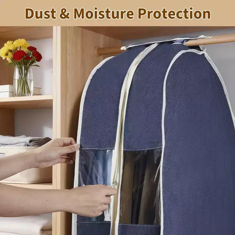 Housses de Vêtements en Coton et Lin de 120 cm, Lot de 3 Housses de Rangement Suspendues avec Fenêtre Transparente et Soufflet de 10 cm, Anti-Poussière Respirantes pour Costumes et Manteaux