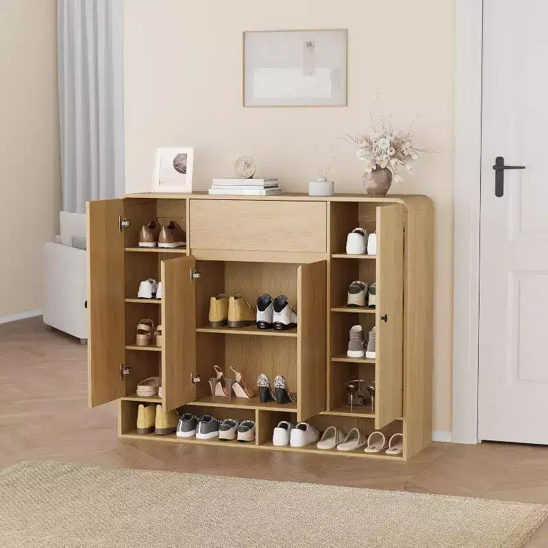 Meuble à chaussures de 120 cm avec 4 portes et 1 tiroir, organiseur à coins arrondis, armoire étroite de grande capacité pour couloir, salon