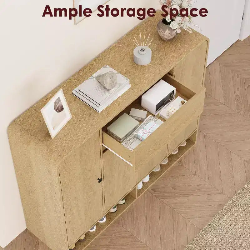 Meuble à chaussures de 120 cm avec 4 portes et 1 tiroir, organiseur à coins arrondis, armoire étroite de grande capacité pour couloir, salon