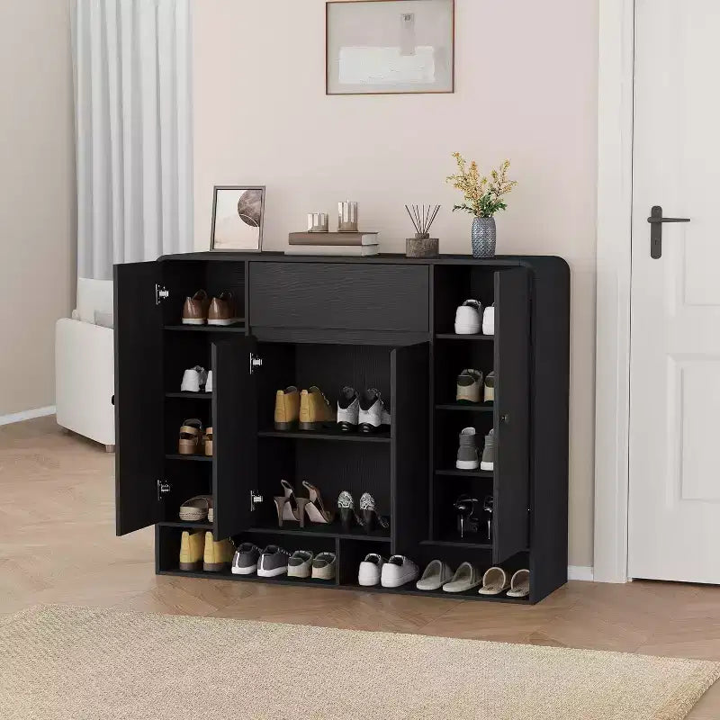Meuble à chaussures de 120 cm avec 4 portes et 1 tiroir, organiseur à coins arrondis, armoire étroite de grande capacité pour couloir, salon