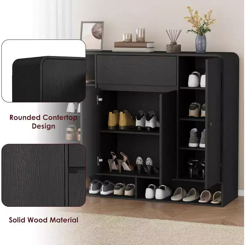 Meuble à chaussures de 120 cm avec 4 portes et 1 tiroir, organiseur à coins arrondis, armoire étroite de grande capacité pour couloir, salon