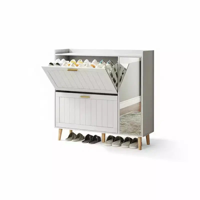 Acekool White Shoe Cabinet with Mirror 2 Flip Drawers Side Storage for Entryway Bedroom