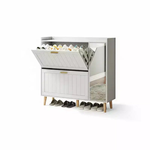 Acekool White Shoe Cabinet with Mirror 2 Flip Drawers Side Storage for Entryway Bedroom