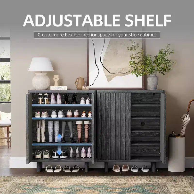 Meuble à chaussures Acekool 31,6 pouces avec porte nervurée, banc de rangement à 5 niveaux pour entrée