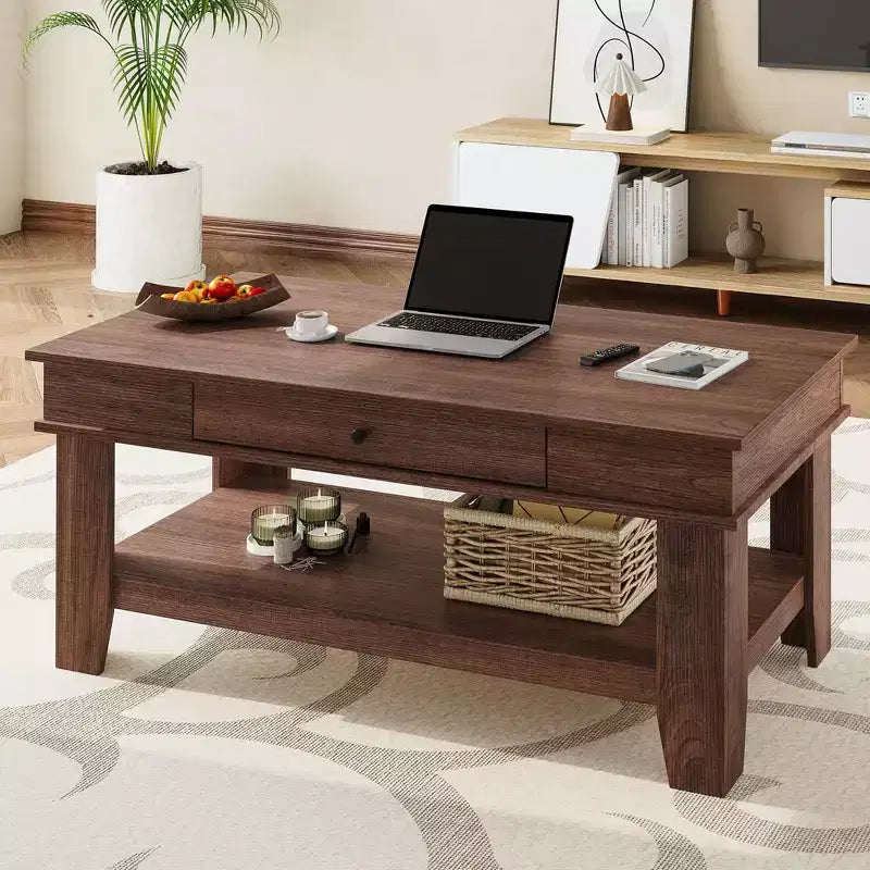 Table basse rustique en noyer pour salon - Table rectangulaire longue - Design robuste à quatre pieds - Tiroir et étagère ouverte de rangement