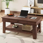Table basse rustique en noyer pour salon - Table rectangulaire longue - Design robuste à quatre pieds - Tiroir et étagère ouverte de rangement