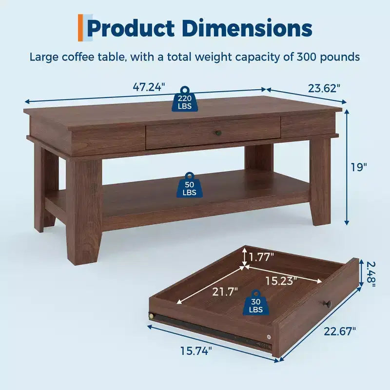 Table basse rustique en noyer pour salon - Table rectangulaire longue - Design robuste à quatre pieds - Tiroir et étagère ouverte de rangement