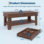 Table basse rustique en noyer pour salon - Table rectangulaire longue - Design robuste à quatre pieds - Tiroir et étagère ouverte de rangement