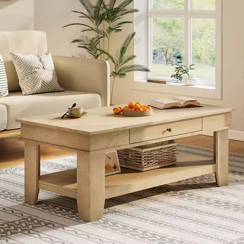 Table basse rustique en noyer pour salon - Table rectangulaire longue - Design robuste à quatre pieds - Tiroir et étagère ouverte de rangement