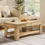 Table basse rustique en noyer pour salon - Table rectangulaire longue - Design robuste à quatre pieds - Tiroir et étagère ouverte de rangement
