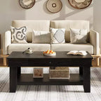 Table basse rustique en noyer pour salon - Table rectangulaire longue - Design robuste à quatre pieds - Tiroir et étagère ouverte de rangement