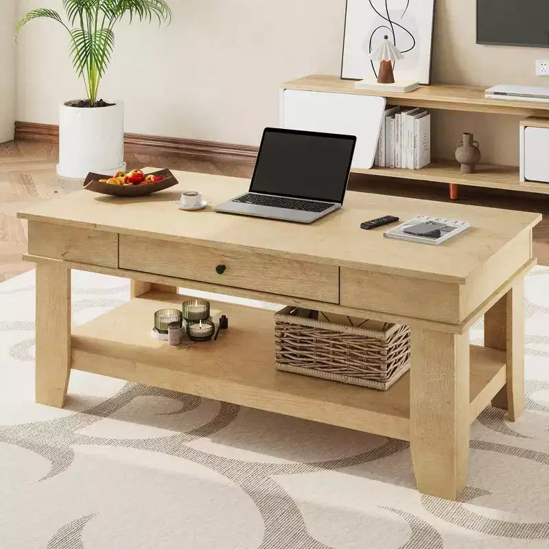 Table basse rustique en noyer pour salon - Table rectangulaire longue - Design robuste à quatre pieds - Tiroir et étagère ouverte de rangement