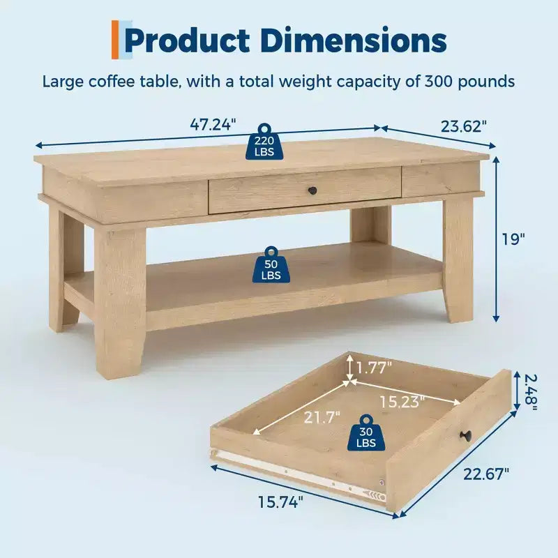 Table basse rustique en noyer pour salon - Table rectangulaire longue - Design robuste à quatre pieds - Tiroir et étagère ouverte de rangement